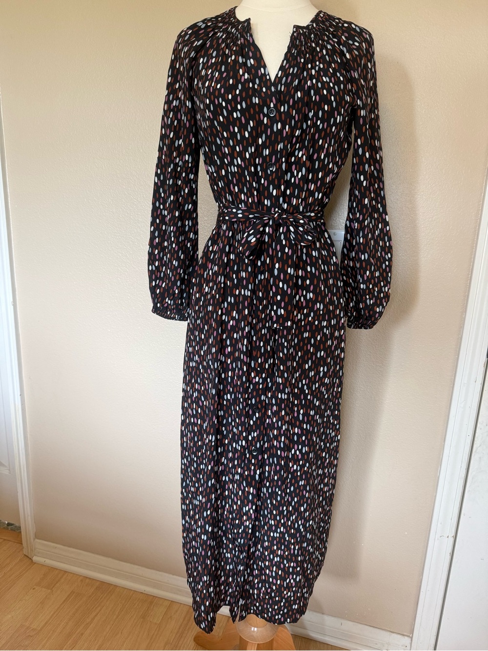 Presley Skye Black Multi-Spot Long Sleeve 100% silk Midi Dress